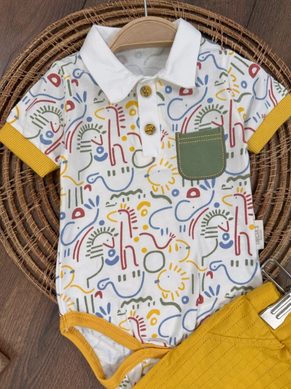Polo Yaka Etnik Desen Alttan Çıtçıtlı Yazlık Erkek Bebek Takım