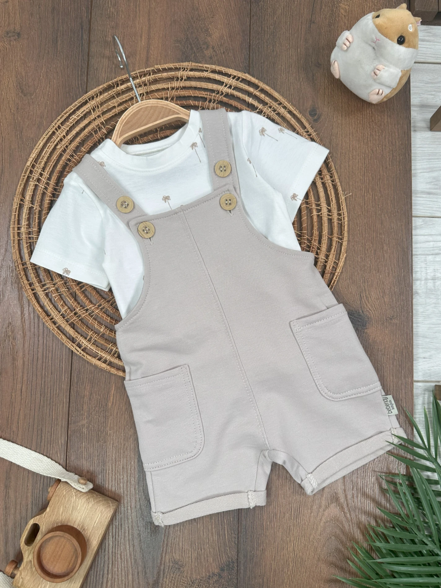 Salopet Palmiye Baskılı Omuzdan Çıtçıtlı Badi Yazlık Erkek Bebek Takım - VİZON