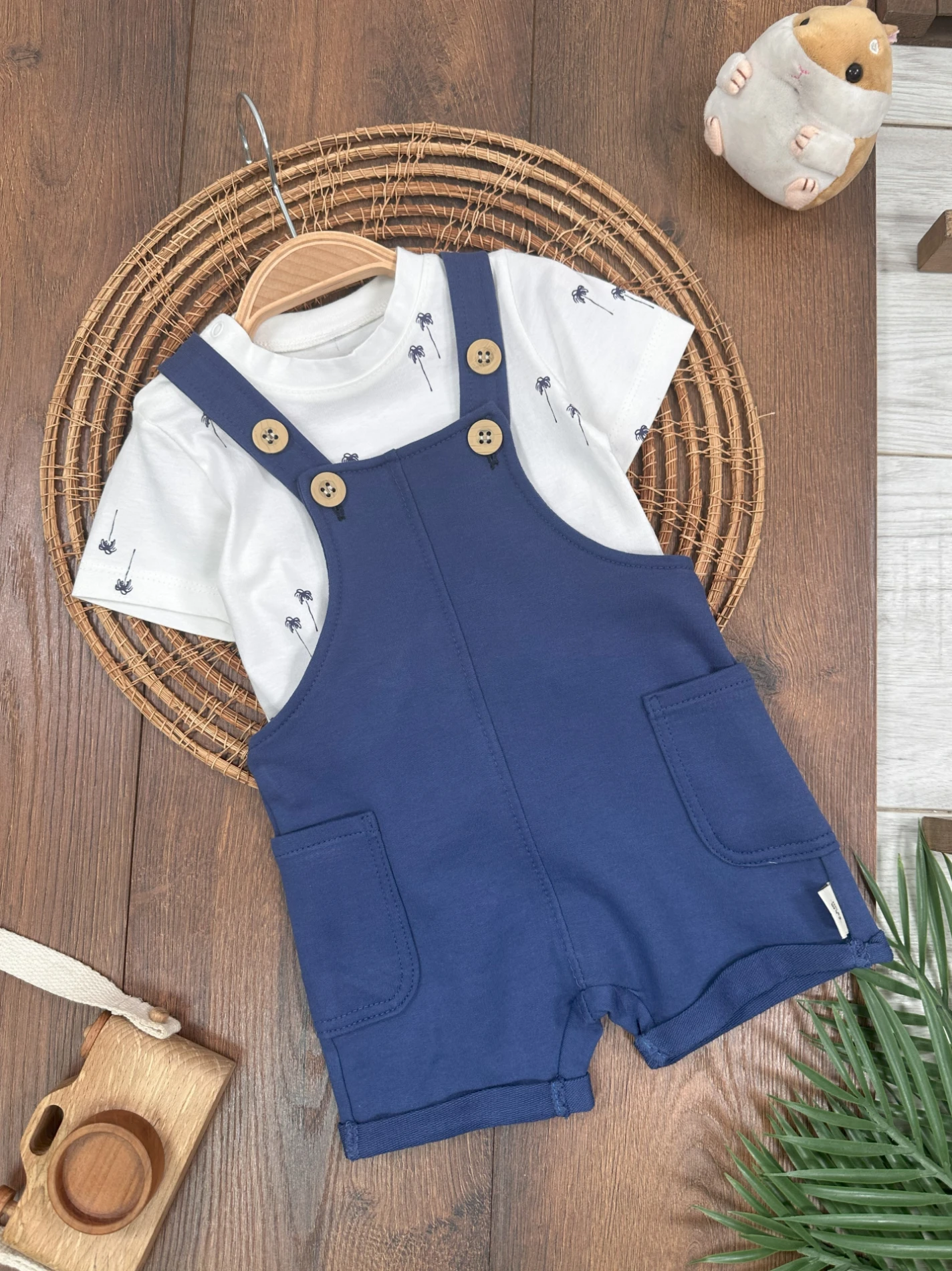 Salopet Palmiye Baskılı Omuzdan Çıtçıtlı Badi Yazlık Erkek Bebek Takım - LACİVERT