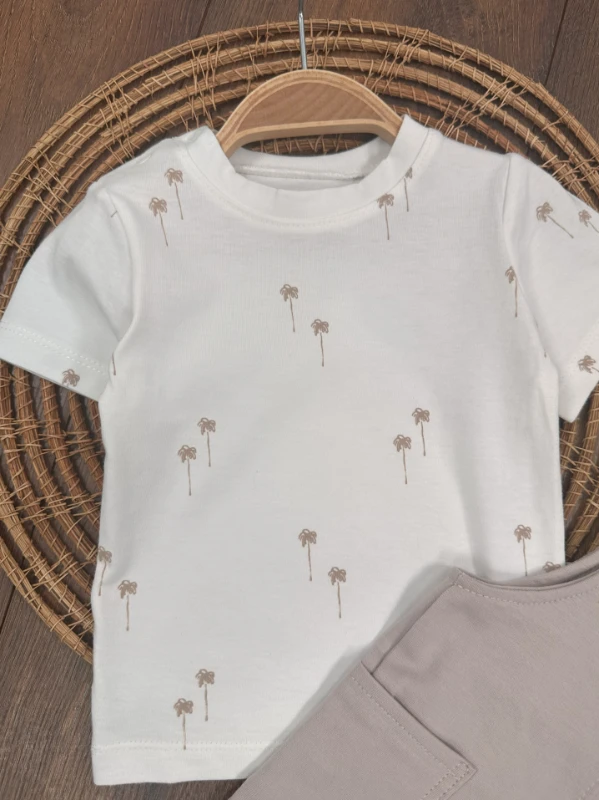 Salopet Palmiye Baskılı Omuzdan Çıtçıtlı Badi Yazlık Erkek Bebek Takım