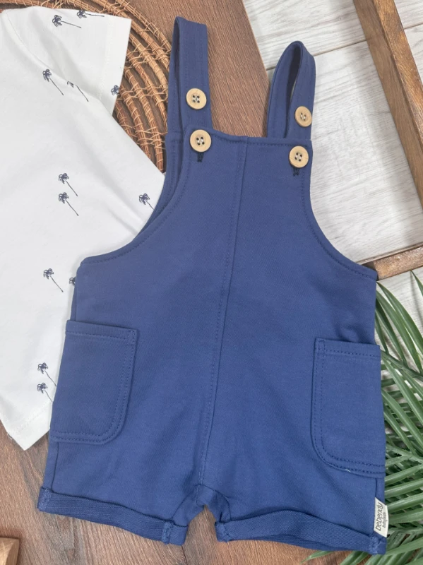 Salopet Palmiye Baskılı Omuzdan Çıtçıtlı Badi Yazlık Erkek Bebek Takım