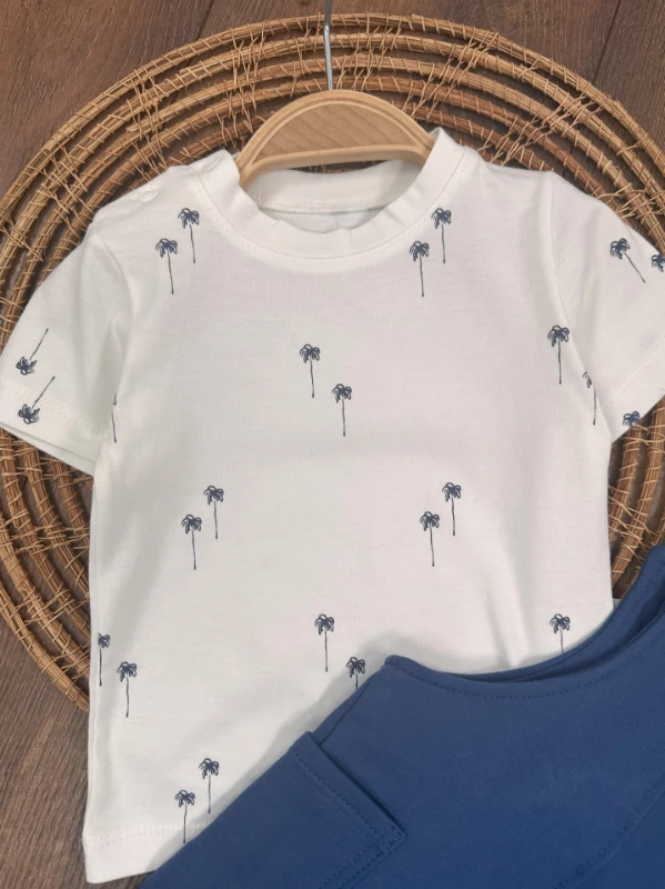 Salopet Palmiye Baskılı Omuzdan Çıtçıtlı Badi Yazlık Erkek Bebek Takım