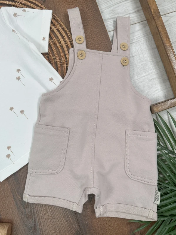 Salopet Palmiye Baskılı Omuzdan Çıtçıtlı Badi Yazlık Erkek Bebek Takım
