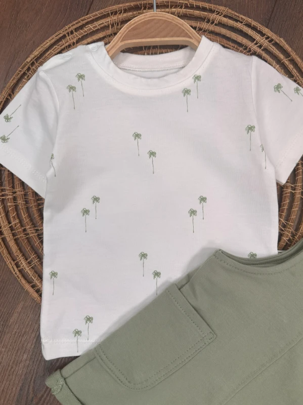 Salopet Palmiye Baskılı Omuzdan Çıtçıtlı Badi Yazlık Erkek Bebek Takım