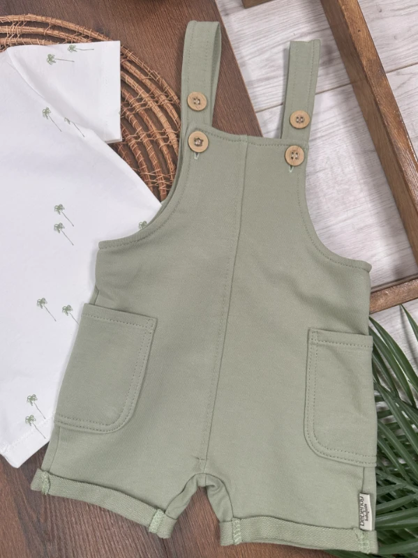 Salopet Palmiye Baskılı Omuzdan Çıtçıtlı Badi Yazlık Erkek Bebek Takım