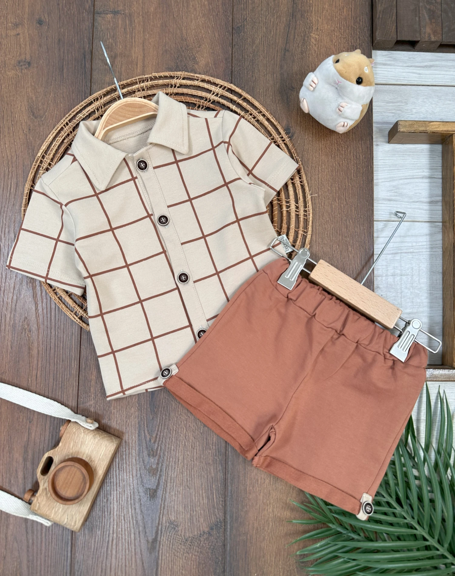 Ekose Desen Önden Düğmeli Yazlık Erkek Bebek Takım