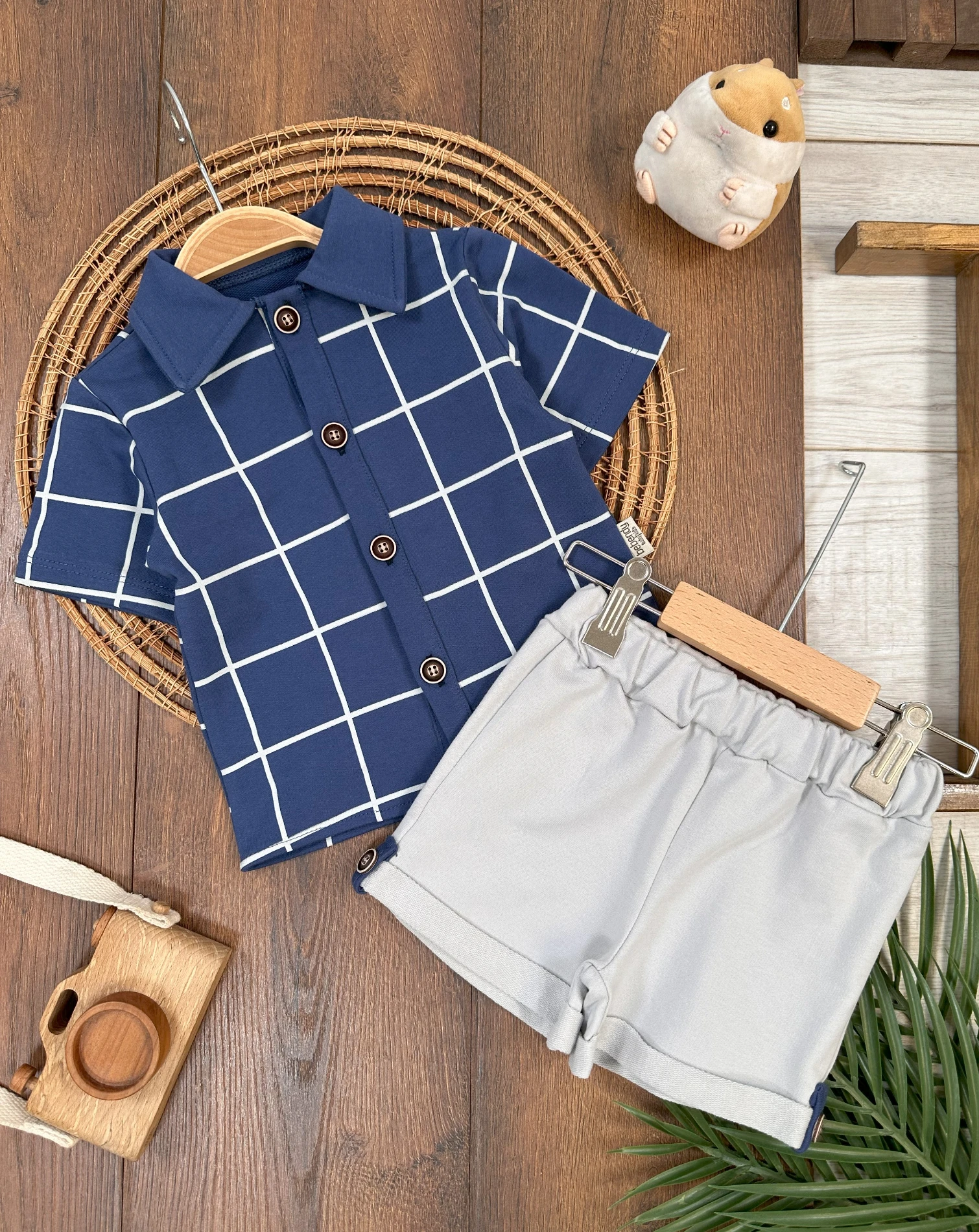 Ekose Desen Önden Düğmeli Yazlık Erkek Bebek Takım - LACİVERT