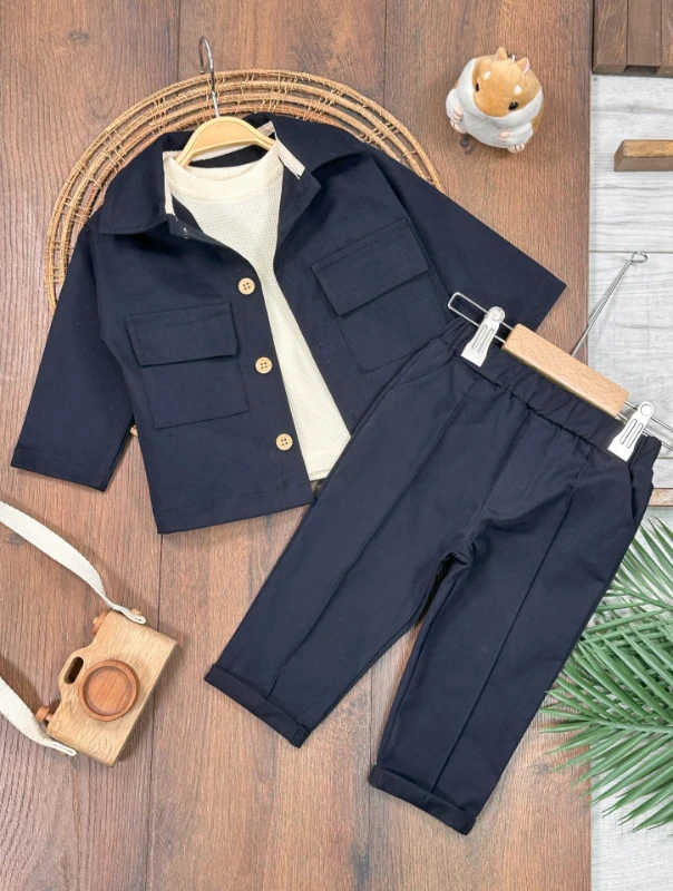 Keten Likralı Safari Model Omuzdan Çıtçıtlı Sweatshirt 3lü Erkek Bebek ve Çocuk Takım 