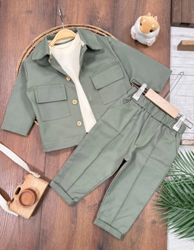 Keten Likralı Safari Model Omuzdan Çıtçıtlı Sweatshirt 3lü Erkek Bebek ve Çocuk Takım 
