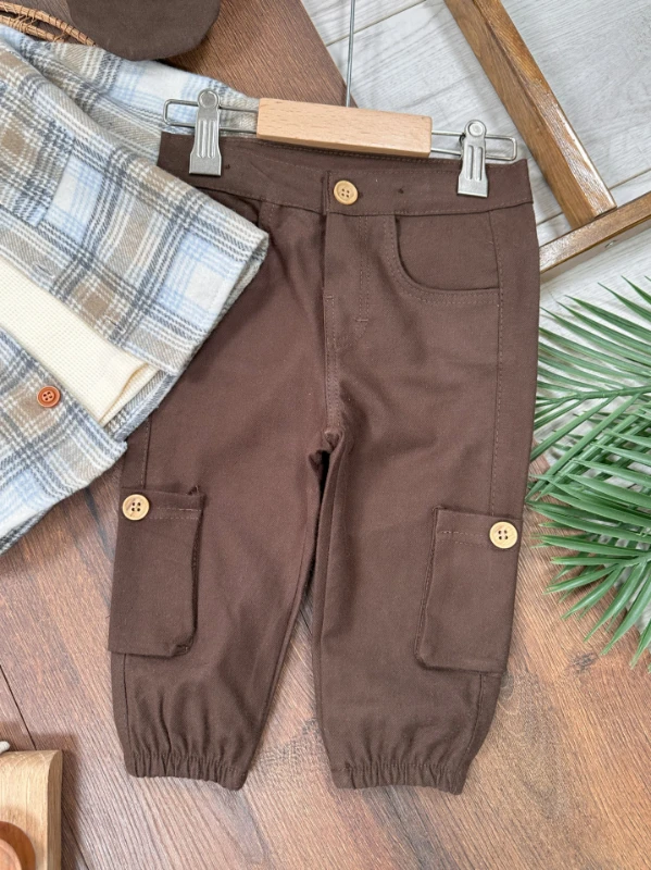 Oduncu Gömlek Şapkalı Waffle  Badili Kanvars Kargo Pantolonlu 4lü Erkek Bebek/Çocuk Takım