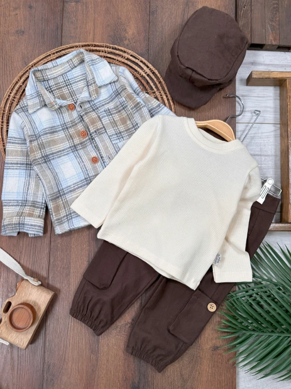 Oduncu Gömlek Şapkalı Waffle  Badili Kanvars Kargo Pantolonlu 4lü Erkek Bebek/Çocuk Takım