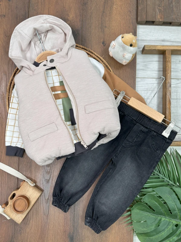Şişme Yelek Kapüşonlu Fermuarlı Ekose Sweatshirt Likralı Kot Pantolon 3lü Erkek Bebek Takım