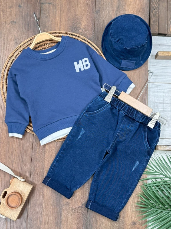 Likralı Kot Pantolon Çift Taraflı Şapka NakışlıSweatshirt 3lü Erkek Bebek/Çocuk Takım