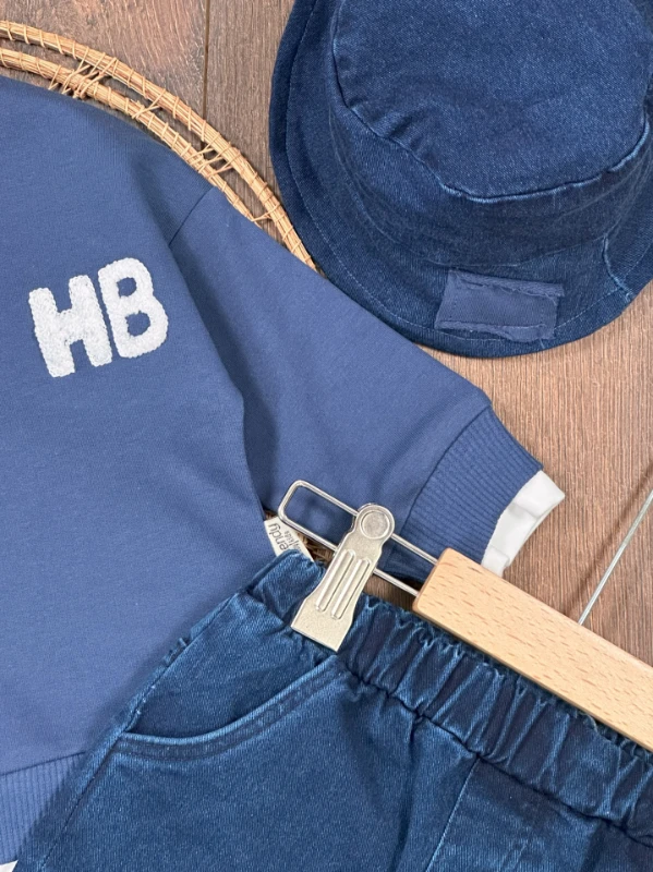 Likralı Kot Pantolon Çift Taraflı Şapka NakışlıSweatshirt 3lü Erkek Bebek/Çocuk Takım