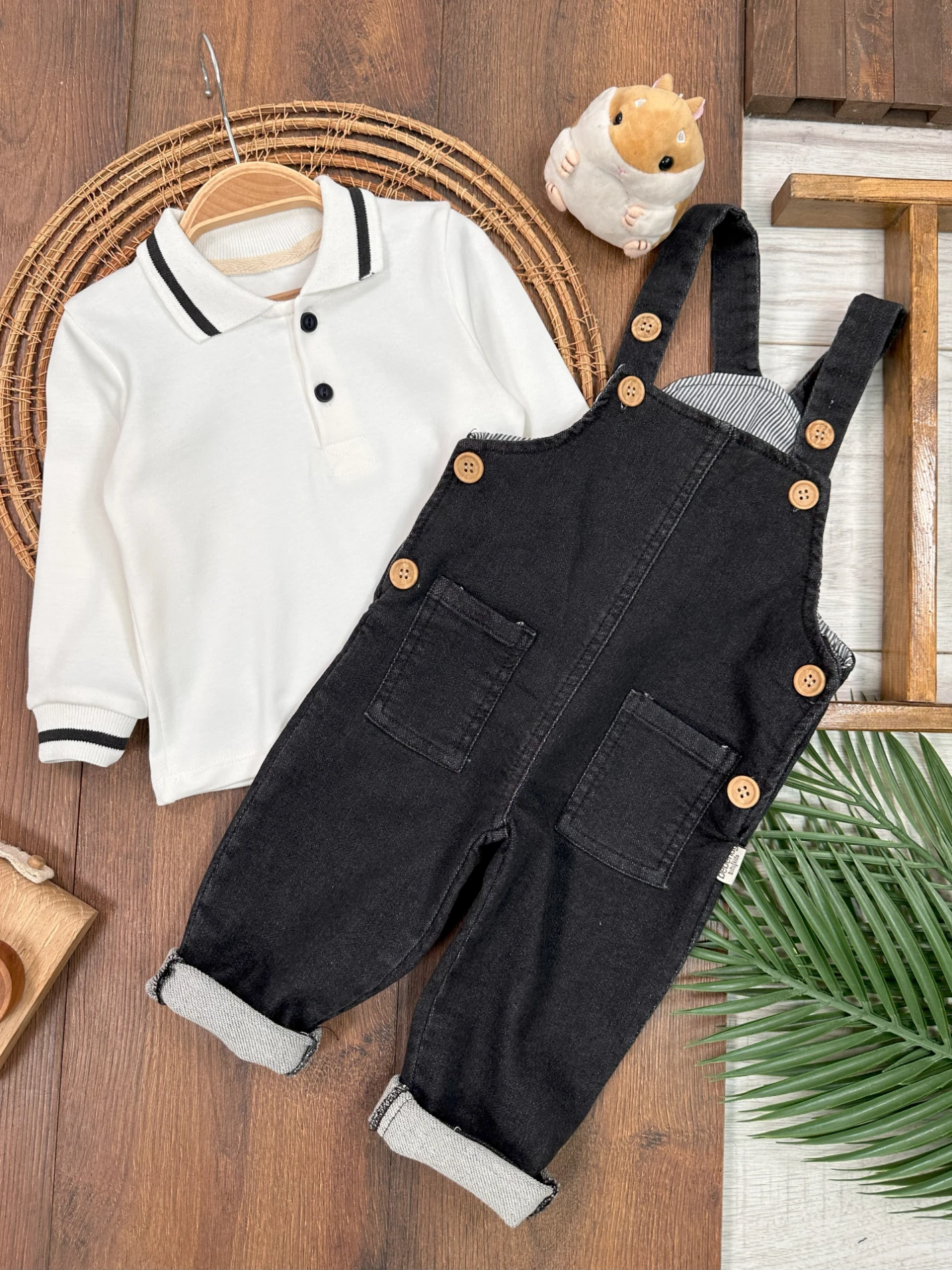 Salopet Likralı Kot Polo Yaka Sweatshirt Düğmeli Salopet Erkek Bebek Takım - GRİ