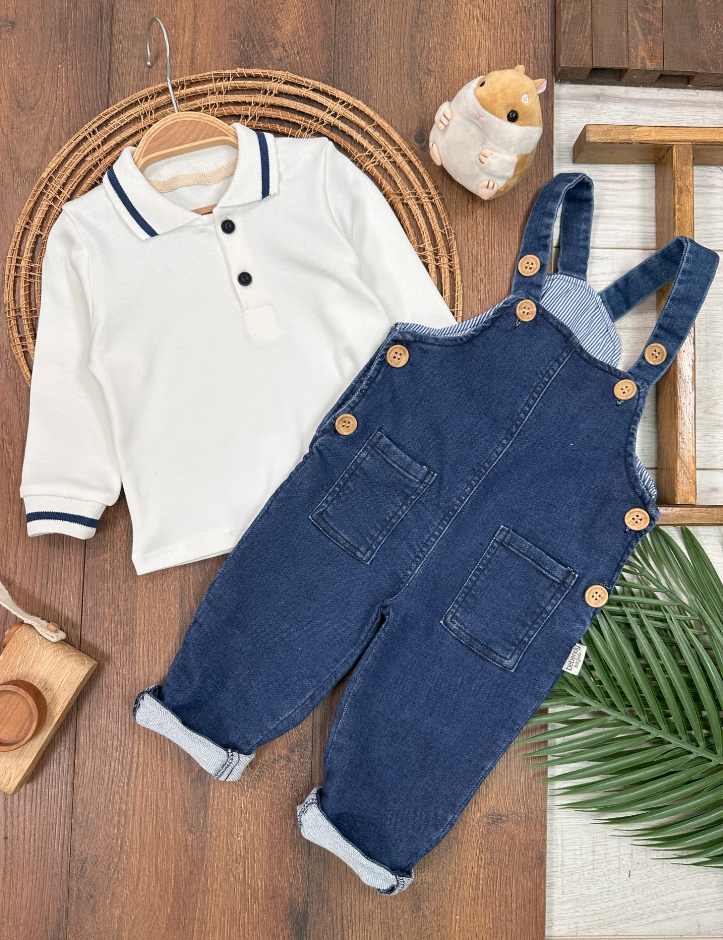 Salopet Likralı Kot Polo Yaka Sweatshirt Düğmeli Salopet Erkek Bebek Takım