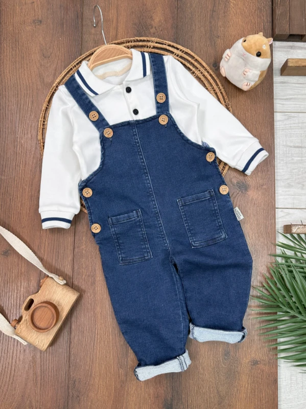 Salopet Likralı Kot Polo Yaka Sweatshirt Düğmeli Salopet Erkek Bebek Takım