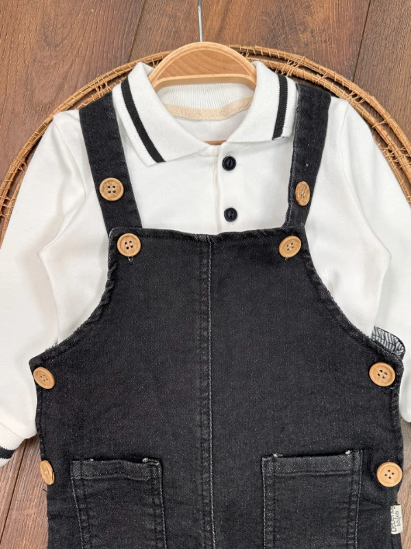Salopet Likralı Kot Polo Yaka Sweatshirt Düğmeli Salopet Erkek Bebek Takım