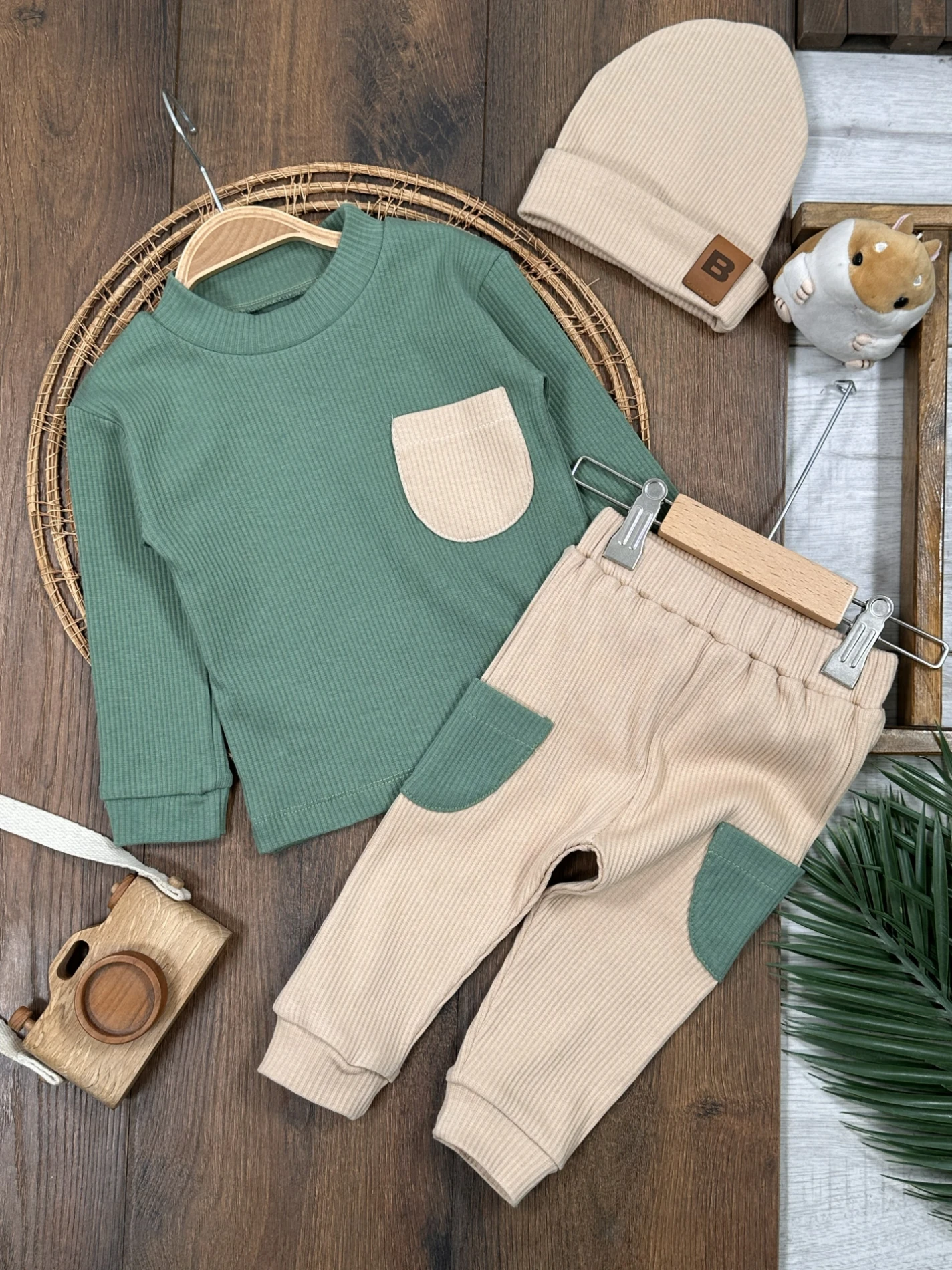 Kaşkorse Esnek Bereli Cep Detaylı 3lü Erkek Bebek Takım - YEŞİL