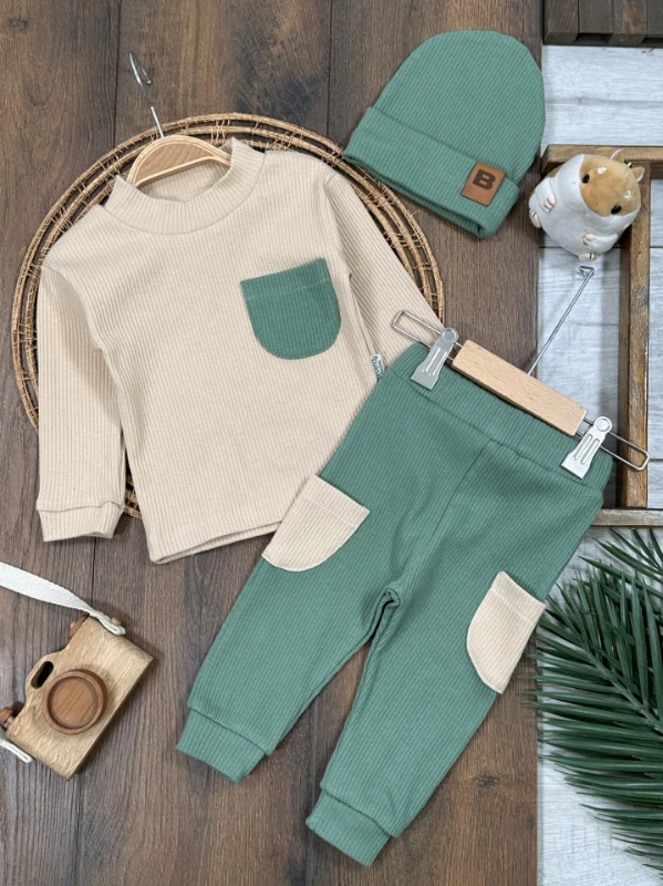 Kaşkorse Esnek Bereli Cep Detaylı 3lü Erkek Bebek Takım