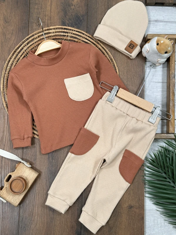 Kaşkorse Esnek Bereli Cep Detaylı 3lü Erkek Bebek Takım