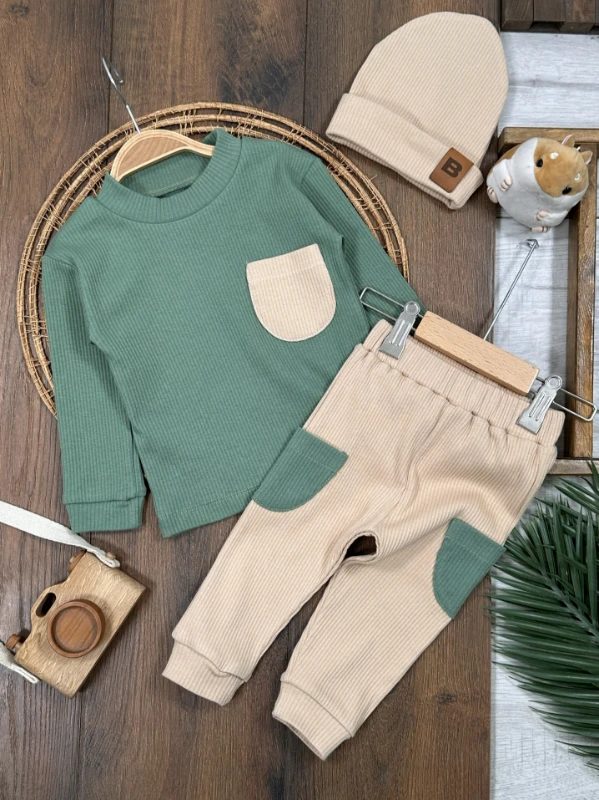 Kaşkorse Esnek Bereli Cep Detaylı 3lü Erkek Bebek Takım
