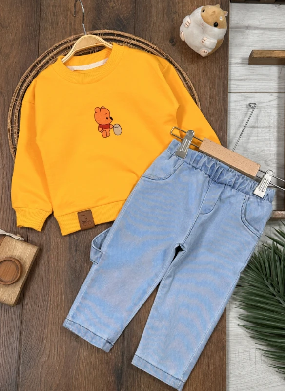 Nakışlı Arma Detaylı Likralı Kot Pantolon Erkek Bebek/Çocuk Takım