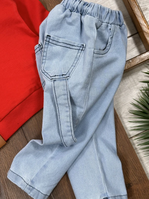 Nakışlı Arma Detaylı Likralı Kot Pantolon Erkek Bebek/Çocuk Takım