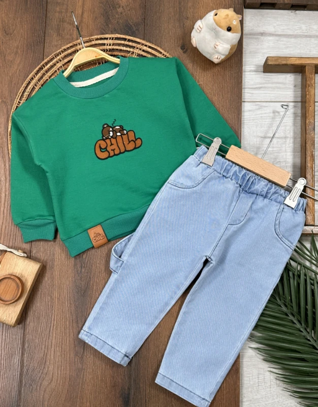 Nakışlı Arma Detaylı Likralı Kot Pantolon Erkek Bebek/Çocuk Takım