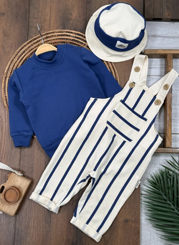 Çizgili Safari Şapkalı Omuzdan Çıtçıtlı Sweatshirt Salopet 3lü Erkek Bebek Takım