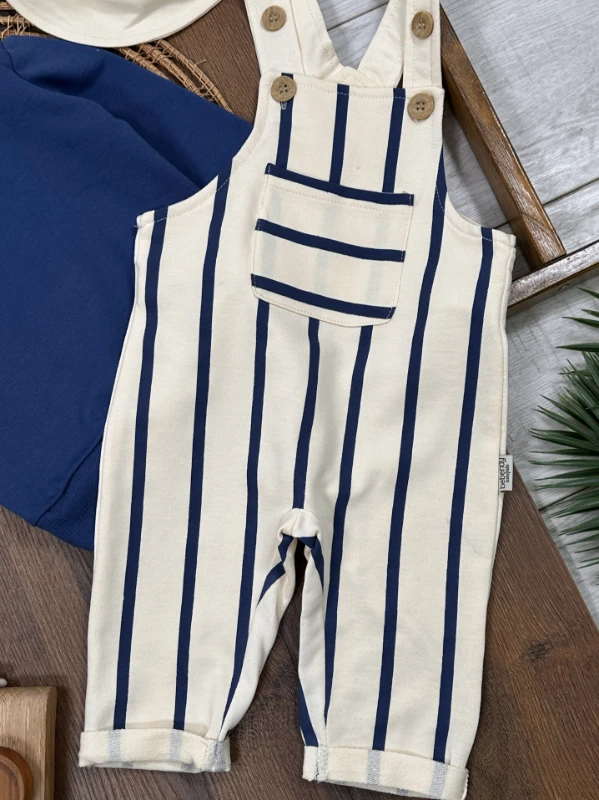 Çizgili Safari Şapkalı Omuzdan Çıtçıtlı Sweatshirt Salopet 3lü Erkek Bebek Takım