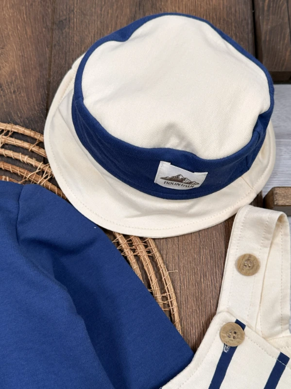 Çizgili Safari Şapkalı Omuzdan Çıtçıtlı Sweatshirt Salopet 3lü Erkek Bebek Takım