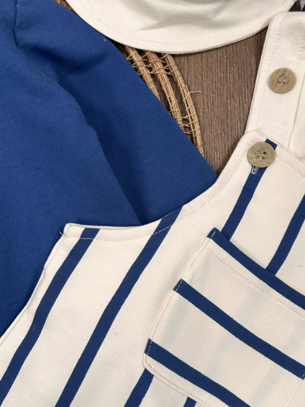 Çizgili Safari Şapkalı Omuzdan Çıtçıtlı Sweatshirt Salopet 3lü Erkek Bebek Takım