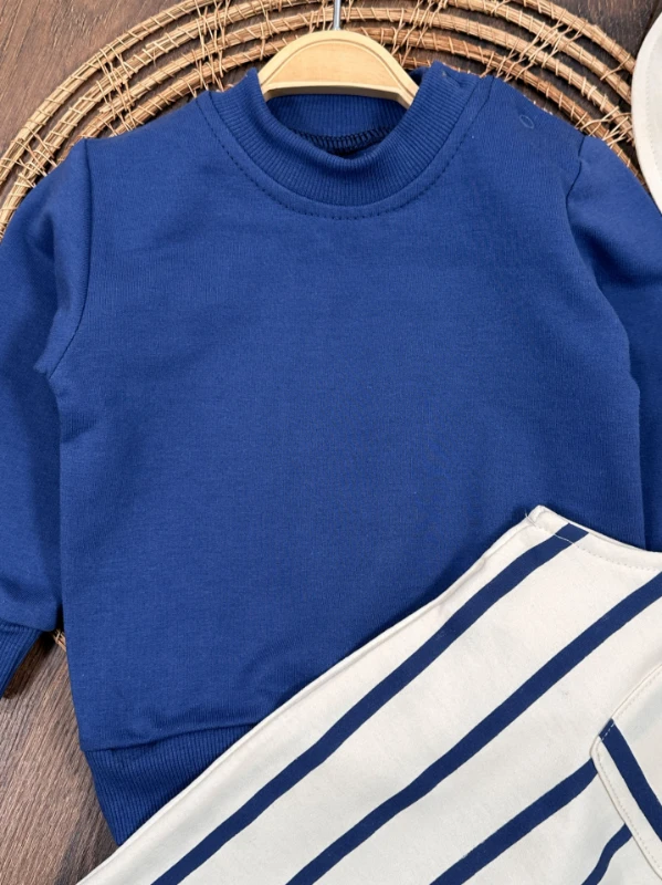 Çizgili Safari Şapkalı Omuzdan Çıtçıtlı Sweatshirt Salopet 3lü Erkek Bebek Takım