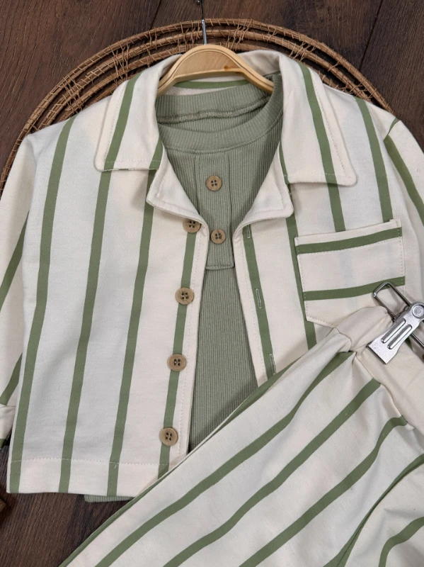 Çizgili Safari Önden Düğmeli Ceket Kaşkorse Badili 3lü Erkek Bebek/Çocuk  Takım 