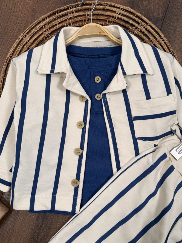 Çizgili Safari Önden Düğmeli Ceket Kaşkorse Badili 3lü Erkek Bebek/Çocuk  Takım 