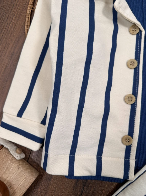 Çizgili Safari Önden Düğmeli Ceket Kaşkorse Badili 3lü Erkek Bebek/Çocuk  Takım 