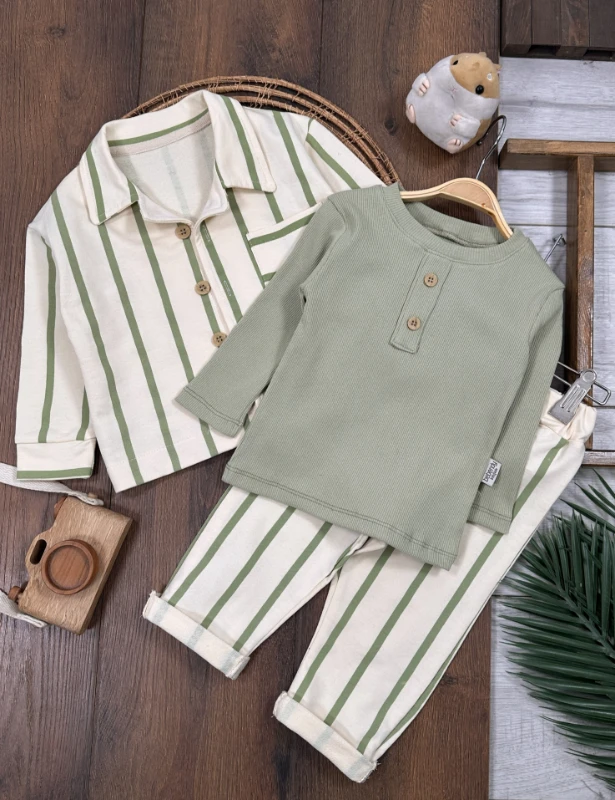 Çizgili Safari Önden Düğmeli Ceket Kaşkorse Badili 3lü Erkek Bebek/Çocuk  Takım 