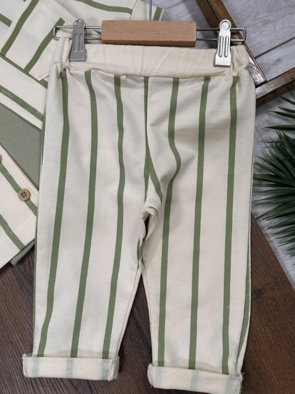 Çizgili Safari Önden Düğmeli Ceket Kaşkorse Badili 3lü Erkek Bebek/Çocuk  Takım 