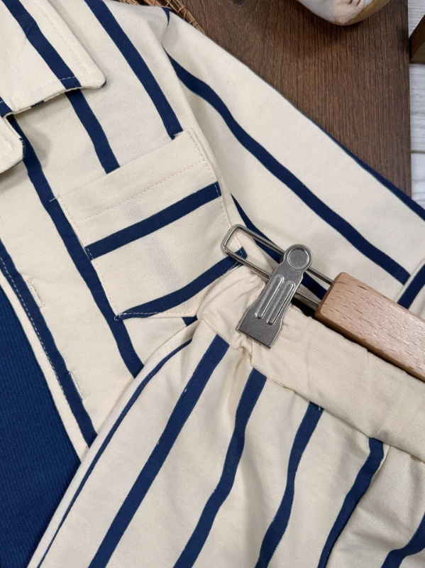 Çizgili Safari Önden Düğmeli Ceket Kaşkorse Badili 3lü Erkek Bebek/Çocuk  Takım 