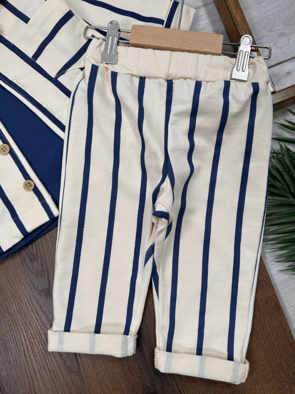 Çizgili Safari Önden Düğmeli Ceket Kaşkorse Badili 3lü Erkek Bebek/Çocuk  Takım 