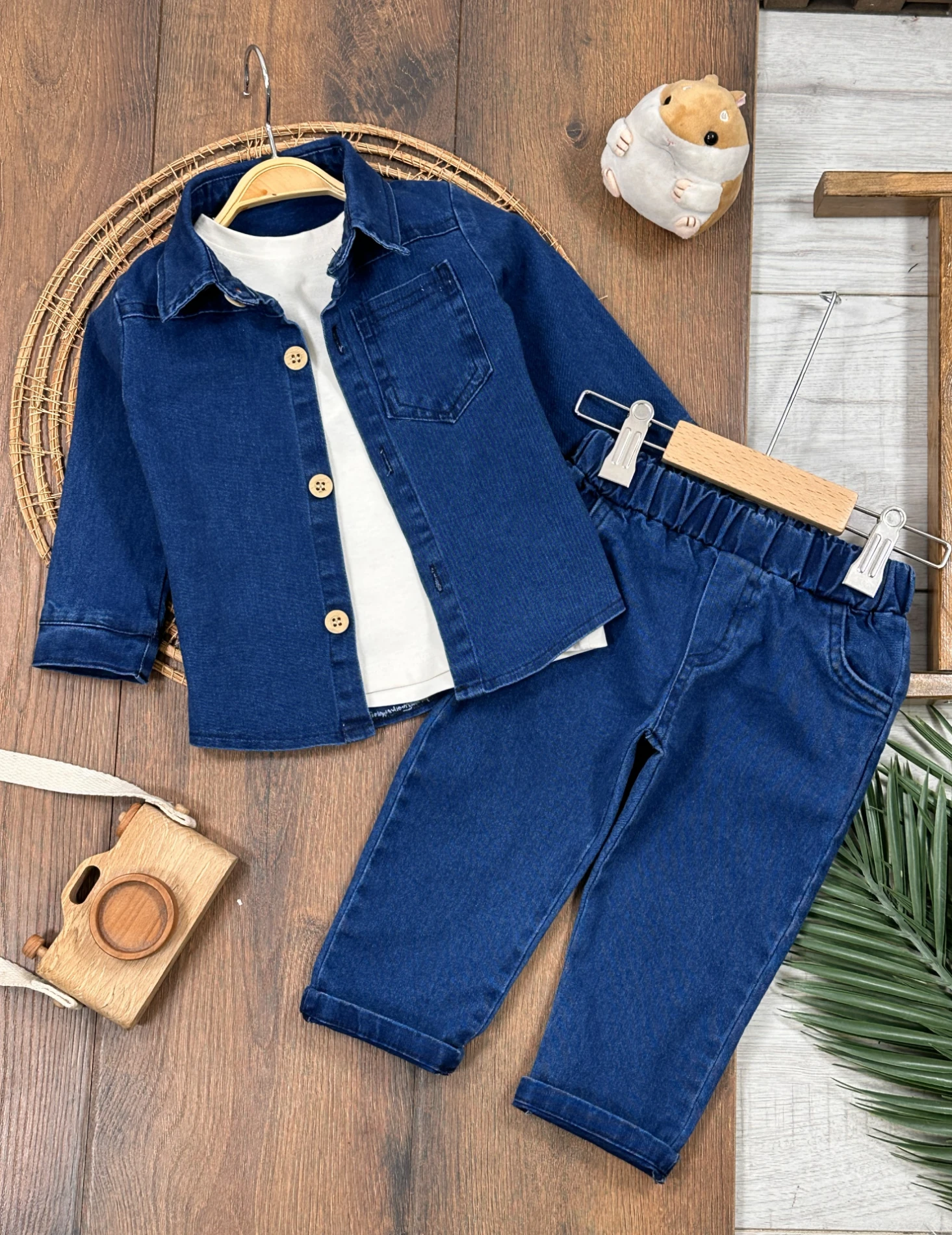 Likralı Kot Önden Düğmeli Kısa Kol Badili 3lü Kot Erkek Bebek/Çocuk Takım - LACİVERT