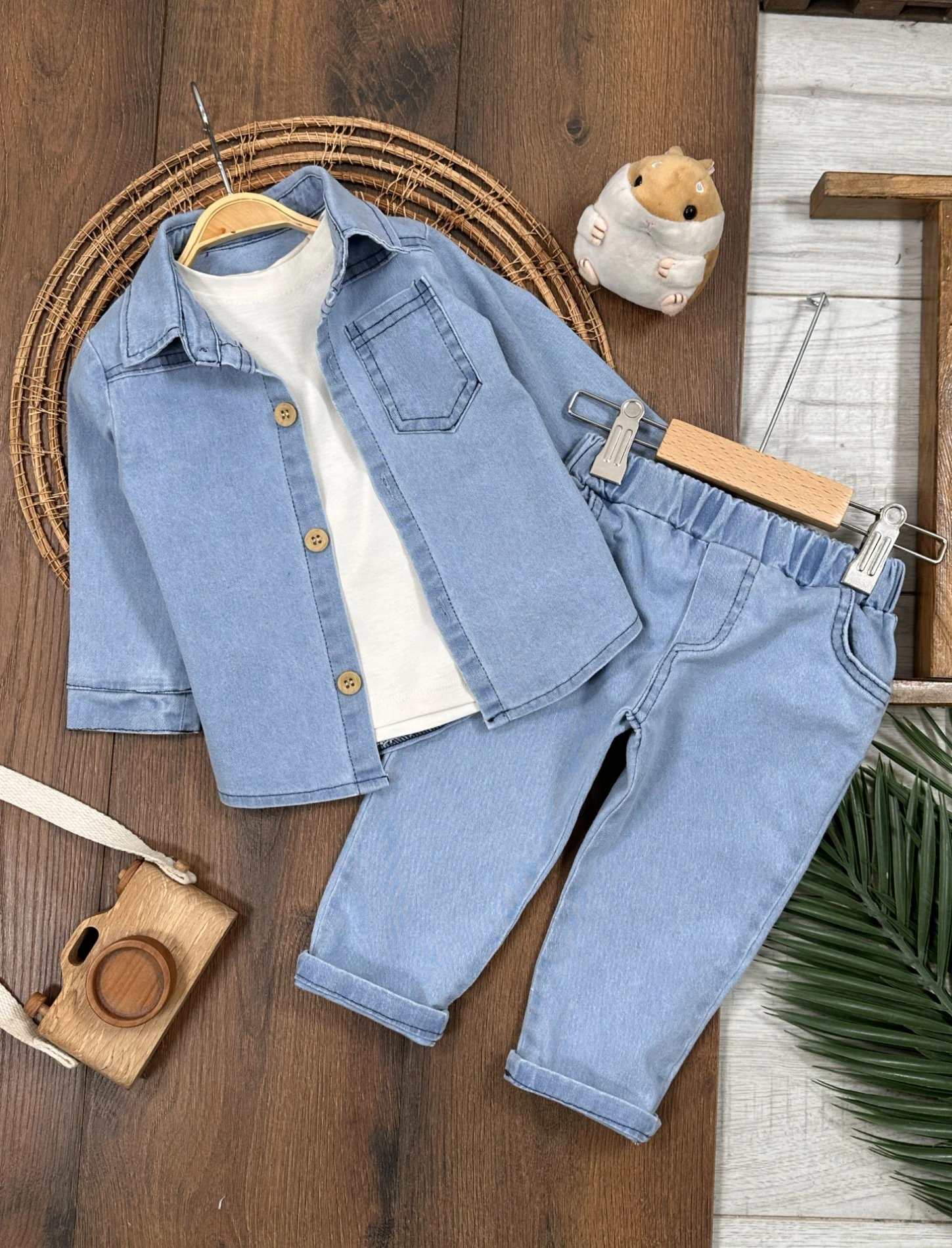 Likralı Kot Önden Düğmeli Kısa Kol Badili 3lü Kot Erkek Bebek/Çocuk Takım - MAVİ