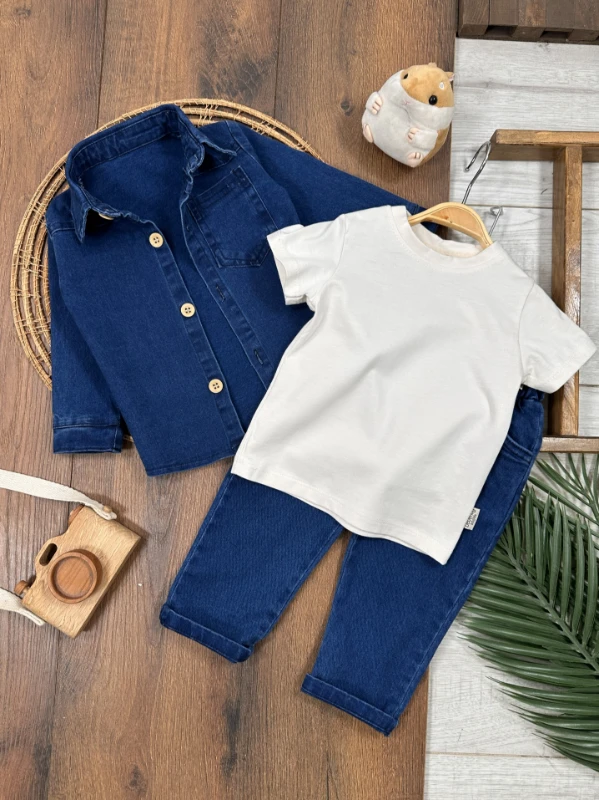 Likralı Kot Önden Düğmeli Kısa Kol Badili 3lü Kot Erkek Bebek/Çocuk Takım