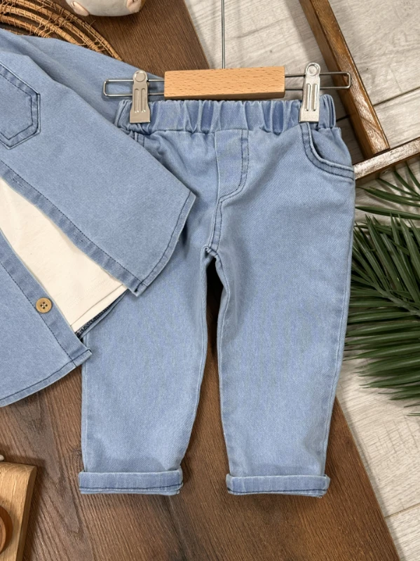 Likralı Kot Önden Düğmeli Kısa Kol Badili 3lü Kot Erkek Bebek/Çocuk Takım