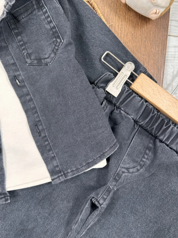 Likralı Kot Önden Düğmeli Kısa Kol Badili 3lü Kot Erkek Bebek/Çocuk Takım