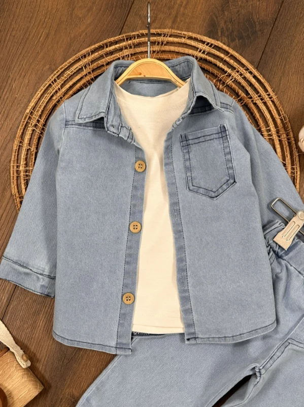 Likralı Kot Önden Düğmeli Kısa Kol Badili 3lü Kot Erkek Bebek/Çocuk Takım