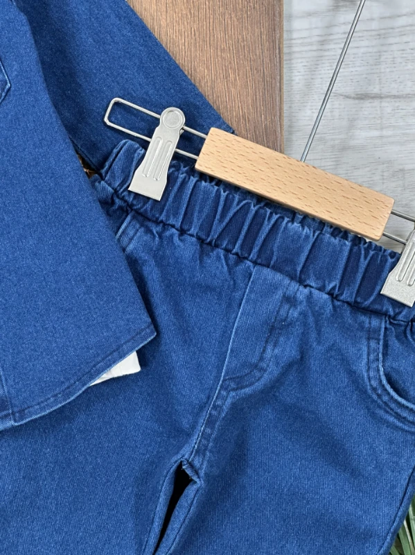 Likralı Kot Önden Düğmeli Kısa Kol Badili 3lü Kot Erkek Bebek/Çocuk Takım