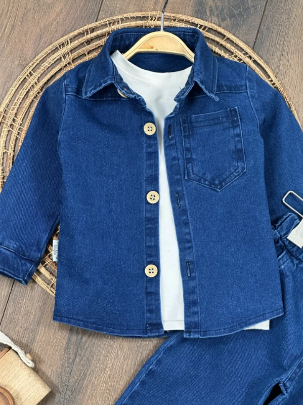 Likralı Kot Önden Düğmeli Kısa Kol Badili 3lü Kot Erkek Bebek/Çocuk Takım