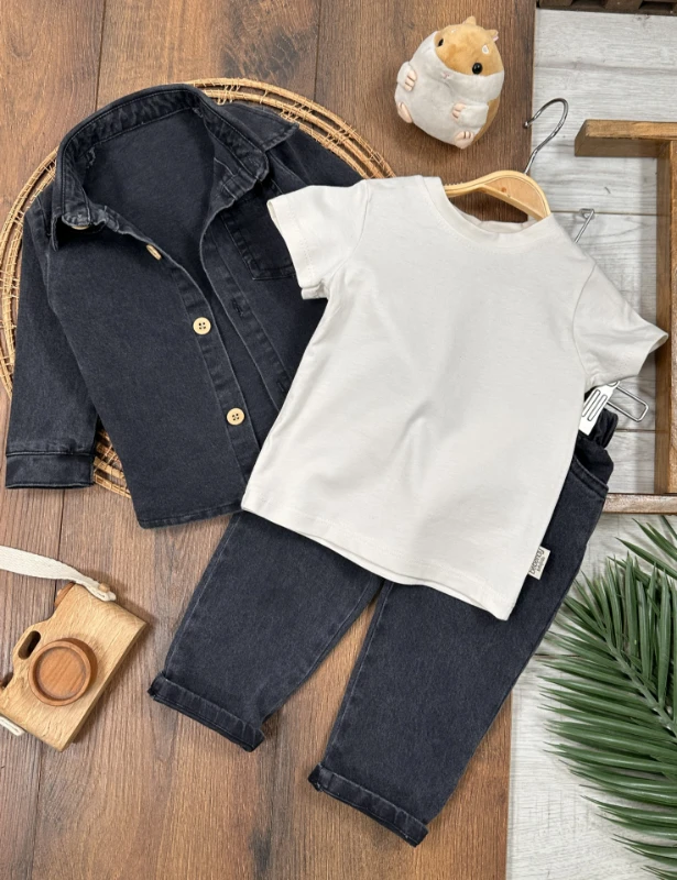 Likralı Kot Önden Düğmeli Kısa Kol Badili 3lü Kot Erkek Bebek/Çocuk Takım